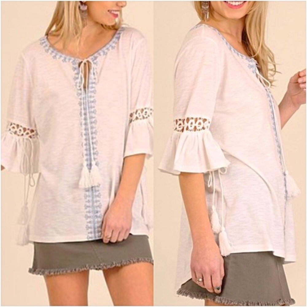 Hippie Boho Embroidered Tassel Top SM - Picture 6 of 8